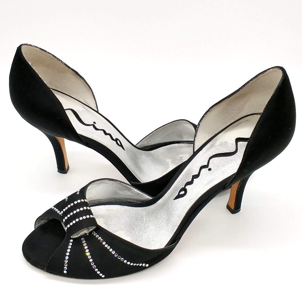 Nina Rhinestone Bow Satin Nylon Heels Black Size 9